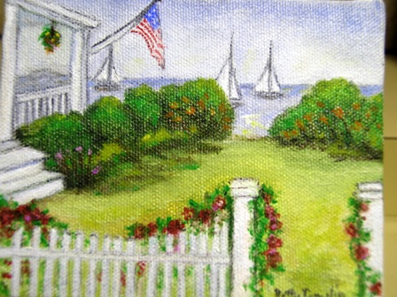 [     Cottage with US Flag and Saiboats miniture     ]